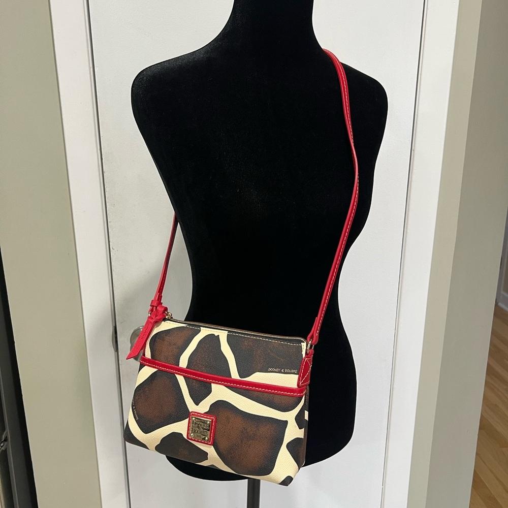 NWOT Dooney & Bourke Giraffe Print Crossbody Bag with Red Leather Trim